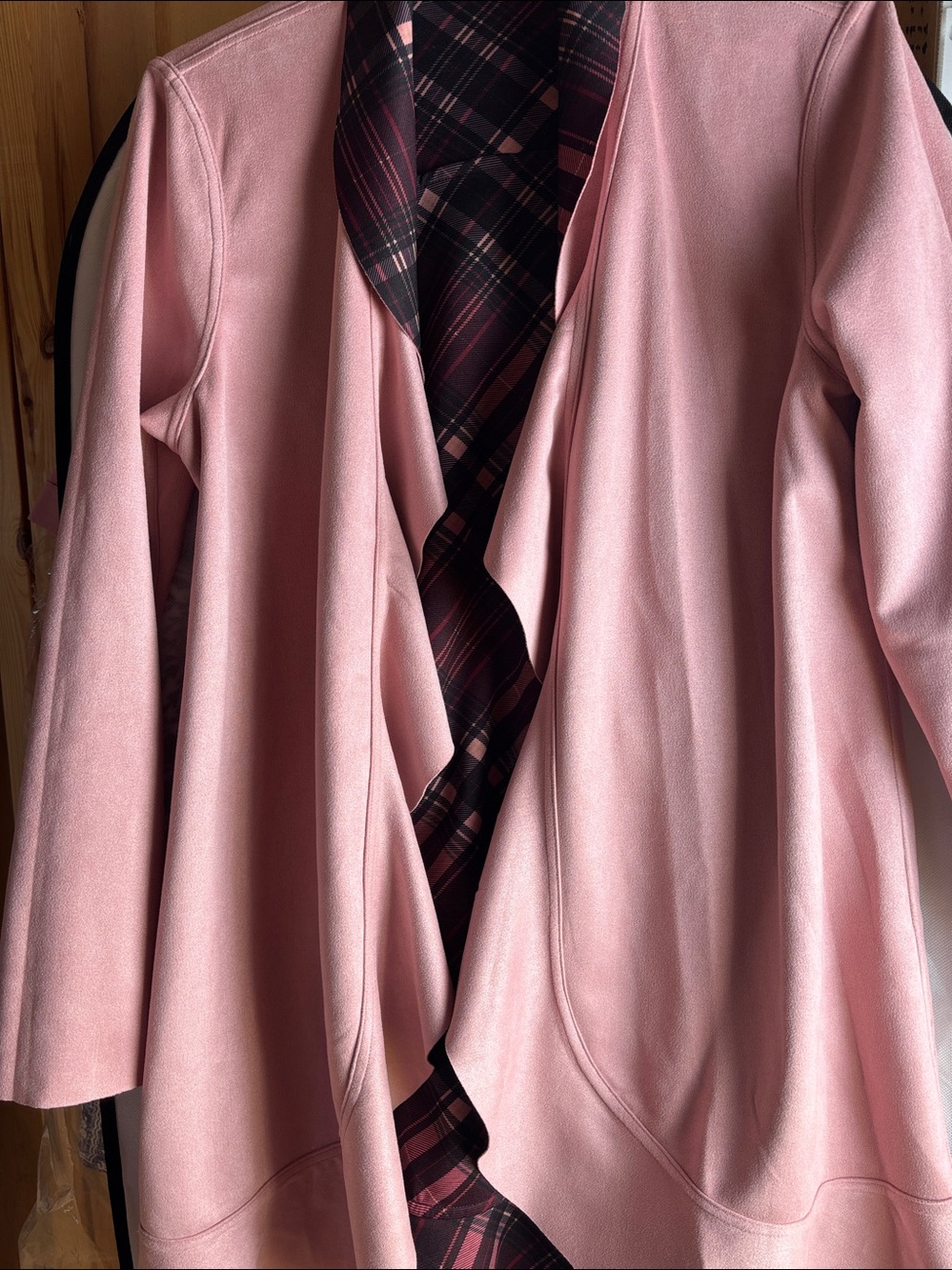 Cupio Pink-Trim Plaid Waterfall Blazer